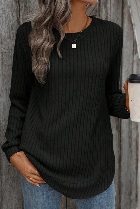 Ribbed Texture Round Neck Drop Shoulder Rounded Hem Knit Top